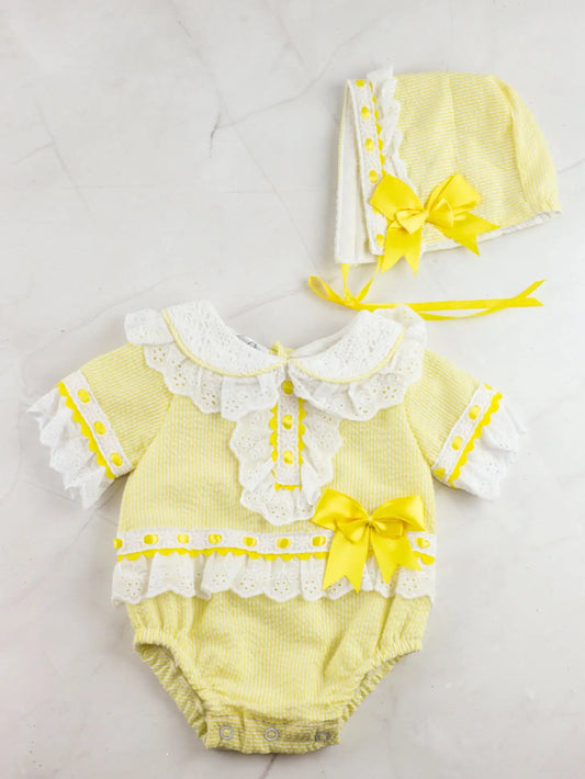 Baby cotton lemon romper with matching hat