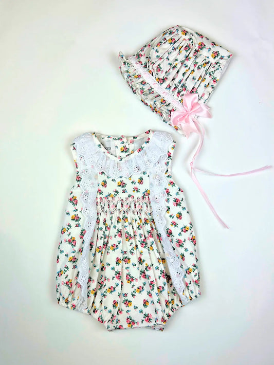 Baby Girls floral romper with matching hat